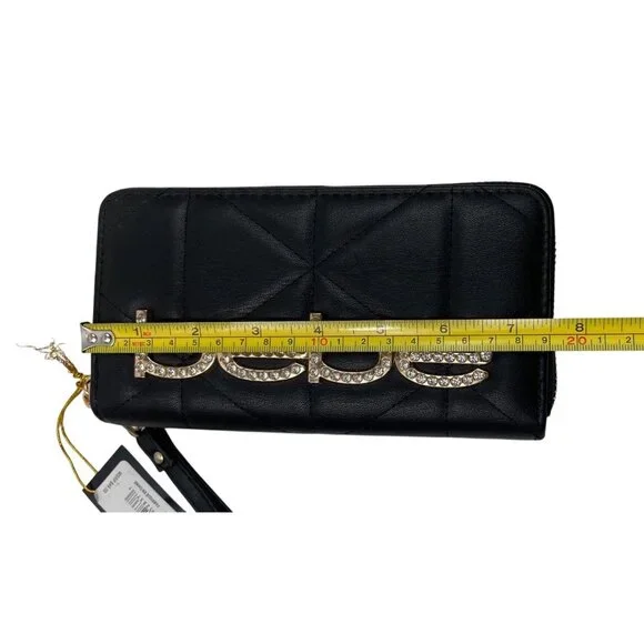 Bebe Black Quilted Wristlet Wallet With Gold Rhinestone Logo Zip Closure & Strap - Picture 9 of 11